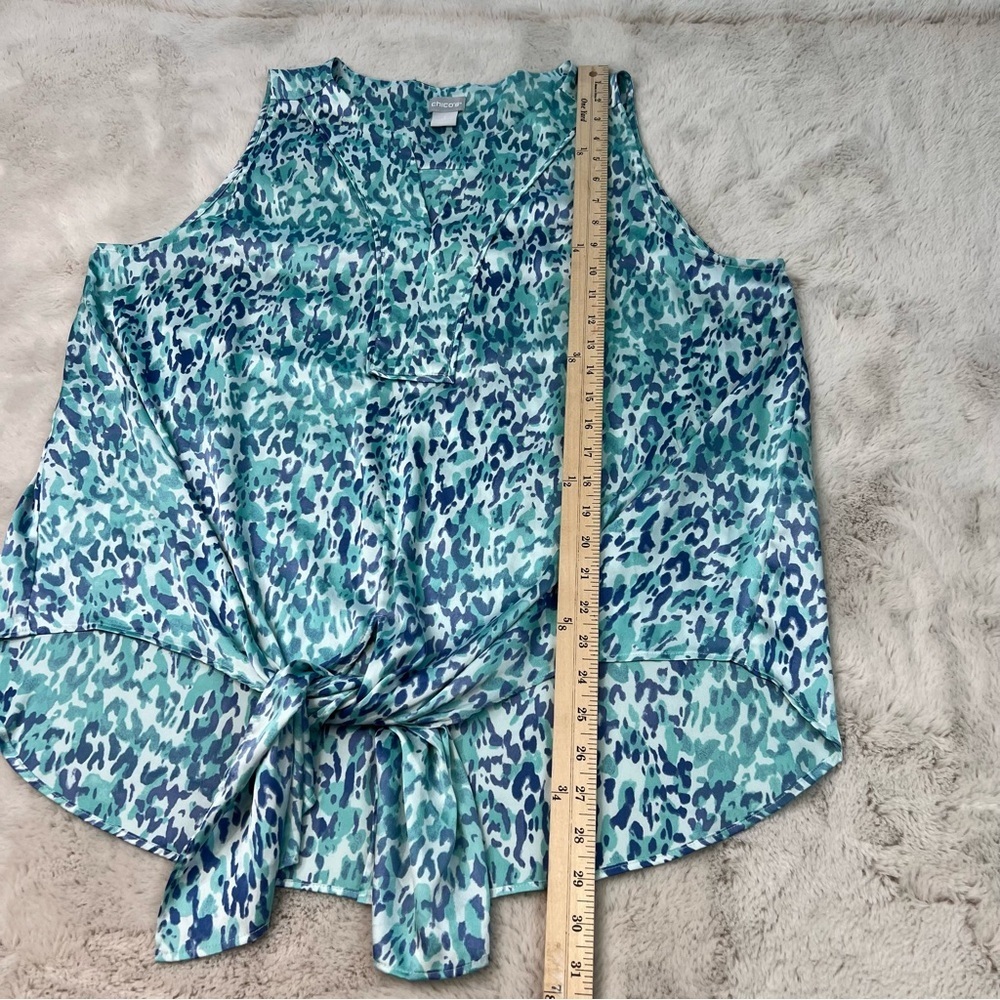 Chicos Coastal Animal Print Satin Top Blouse Plus Size 3 Skylight Blue Front Tie - Picture 7 of 9